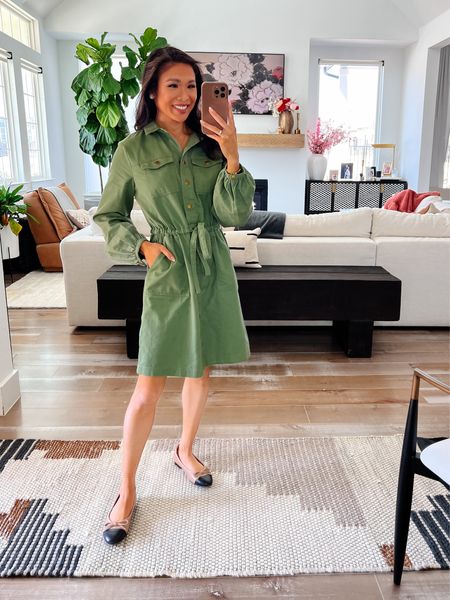 Green mini shirt dress that has a fitted waist, button closure and pockets. Wearing size XXS and I recommend sizing down a size. On sale for 40% off with code FRESH! Perfect for spring outfits, workwear or luncheons. Paired it with two toned ballet flats for a chic look

#LTKSeasonal #LTKstyletip #LTKworkwear