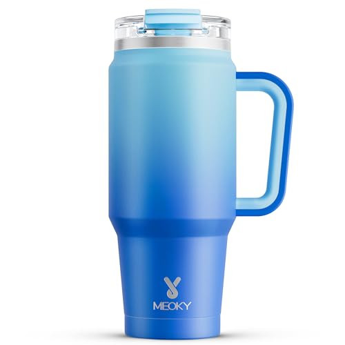 Meoky 32 oz Tumbler with Handle, Insulated Tumbler with Lid and Straw, Stainless Steel Travel Mug, Keeps Cold for 24 Hours, 100% Leak Proof, Fits in Car Cup Holder (Sky) | Amazon (US)