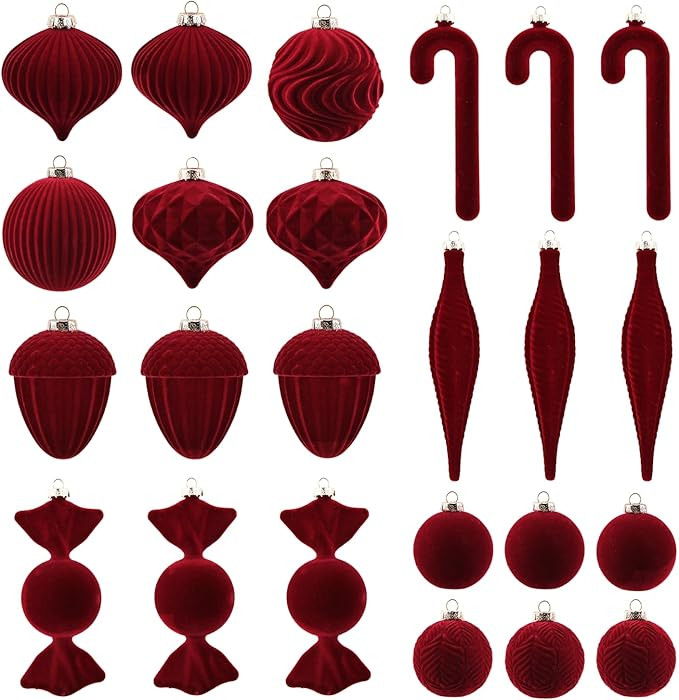 Velvet Ornaments for Christmas Tree Decorations - Burgundy Flocked Christmas Ornament Set for Win... | Amazon (US)