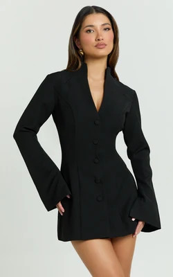 Layton Mini Dress - V Neck Long Sleeve Button Front Tulip Skirt Dress in Black | Showpo (US, UK & Europe)