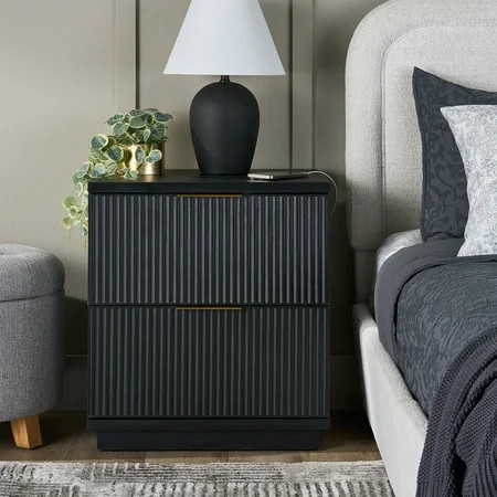 Better Homes & Gardens Lillian Fluted 2-Drawer Nightstand with USB, Black Wood Finish | Walmart (US)