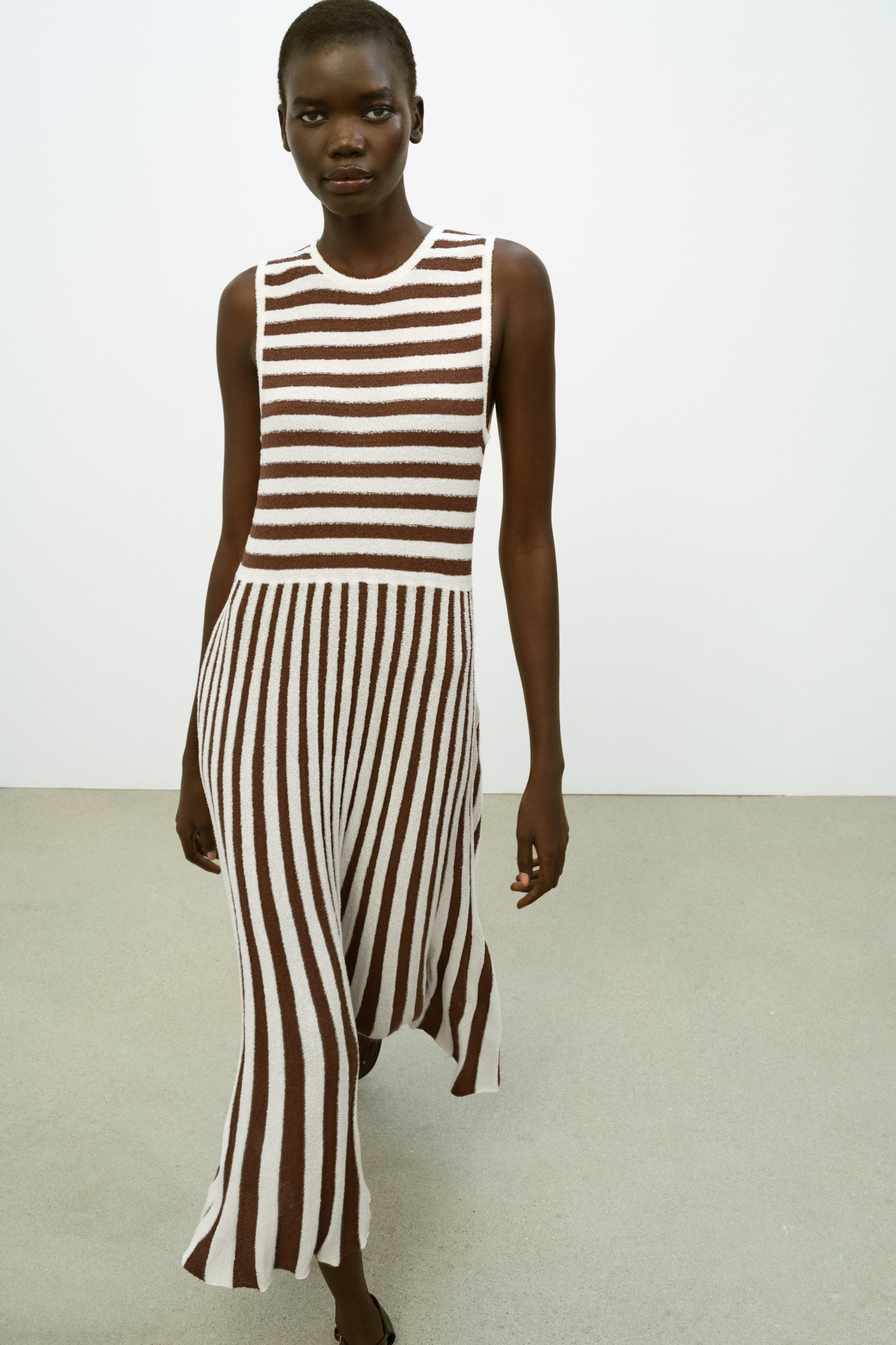 LONG TEXTURED PLEATED STRIPED DRESS | Zara US