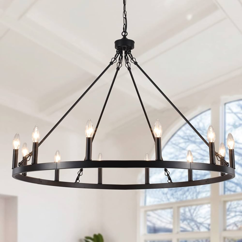 Black Wagon Wheel Chandelier 12-Light Farmhouse Chandelier for Living Room 38" Round Rustic Indus... | Amazon (US)