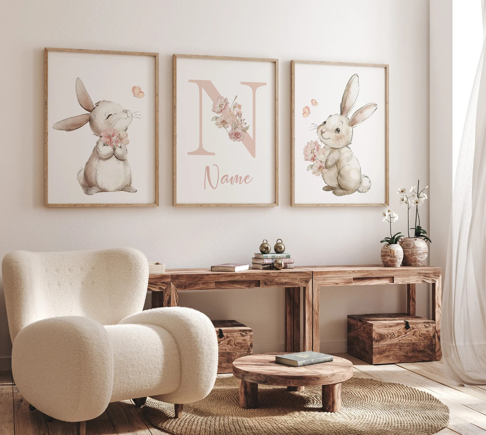 Nursery Wall Art Girl Bunny, Bunny Nursery Print, Bunny Floral Watercolor Prints, Bunny Nursery D... | Etsy (US)