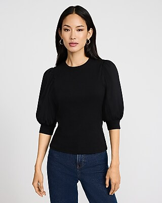 Mixed Media Crew Neck Short Puff Sleeve Tee | Express