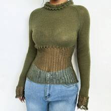 Womens Crew Neck Ruffle Trim Loose Casual Relaxed Fit Openwork Design Sweater | SHEIN