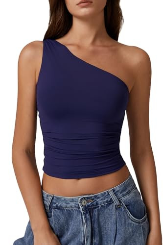 QINSEN One Shouder Tank Tops for Women Double Lined Slim Fit Summer Basic T Shirts Navy S | Amazon (US)
