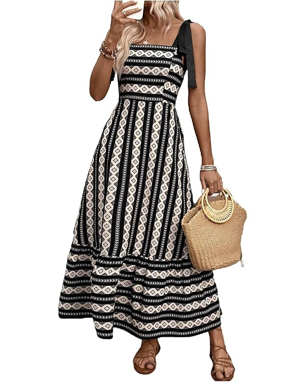 Floerns Women's Floral Print Tie Strap Square Neck Ruffle Boho Maxi Dress | Amazon (US)