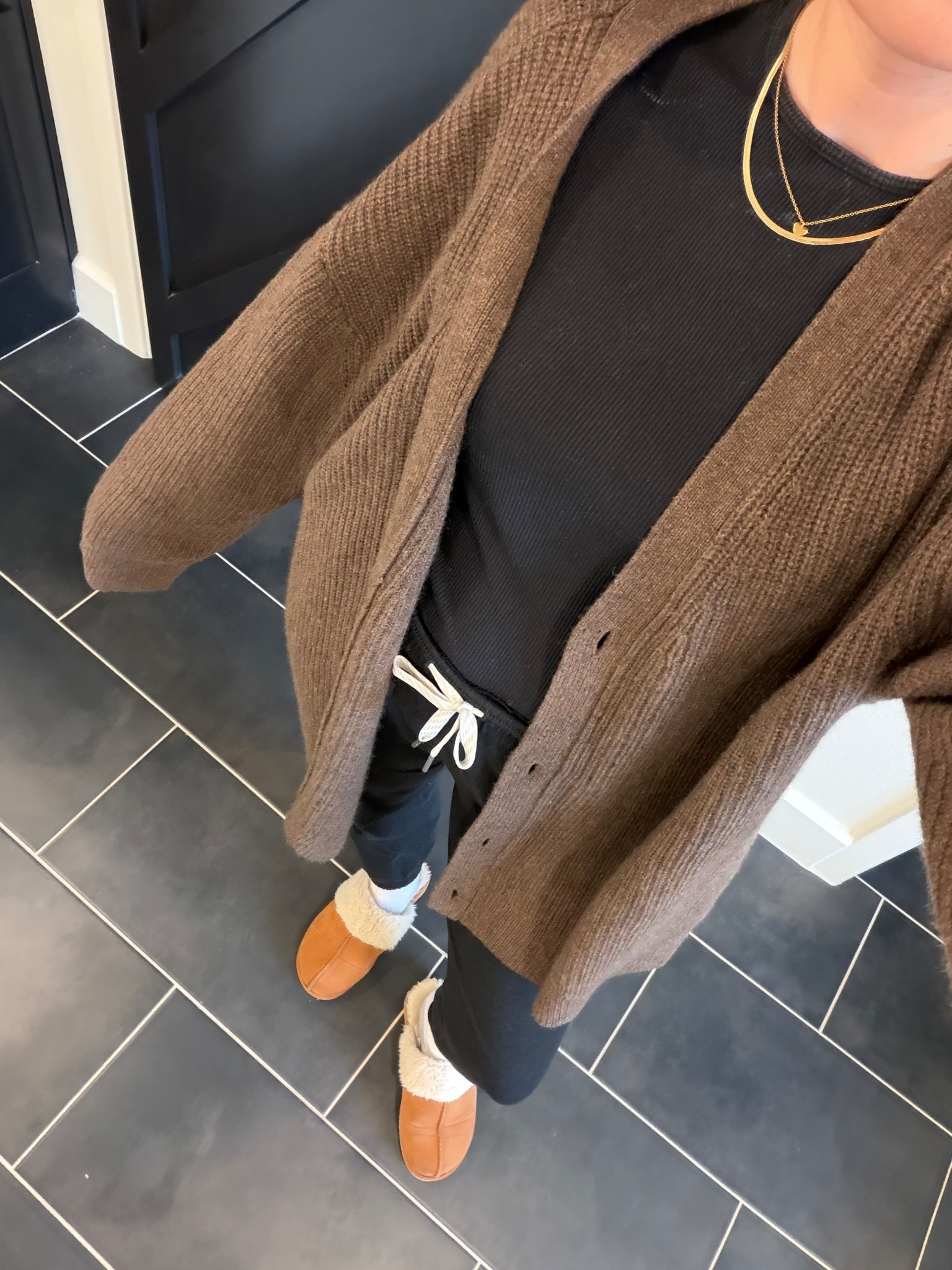 busy mom ootd 🤎 wearing a large in this cozy cardigan from Quince! Top & bottoms are size small  

#LTKdayinmylife #LTKootd