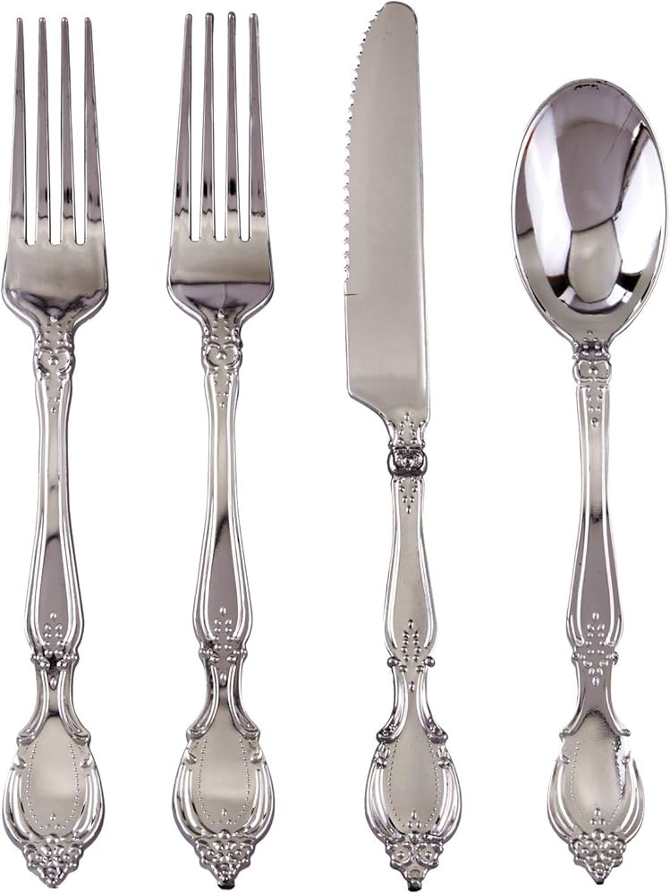 Antique Design Disposable Flatware Set (96 PC) Plastic Silverware Cutlery Set for 24, 24 Spoons, ... | Amazon (US)