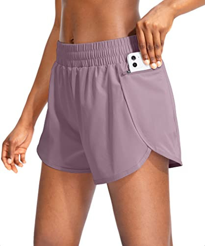 Soothfeel Womens Running Shorts with Zipper Pockets High Waisted Athletic Gym Workout Shorts for Women with Liner Light Purple | Amazon (US)