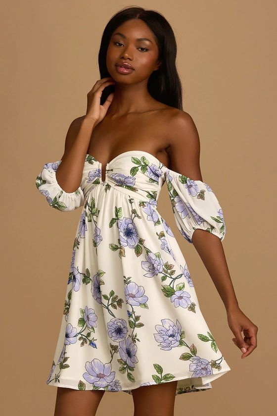 My Dream Date Ivory Floral Print Off-the-Shoulder Mini Dress | Lulus (US)