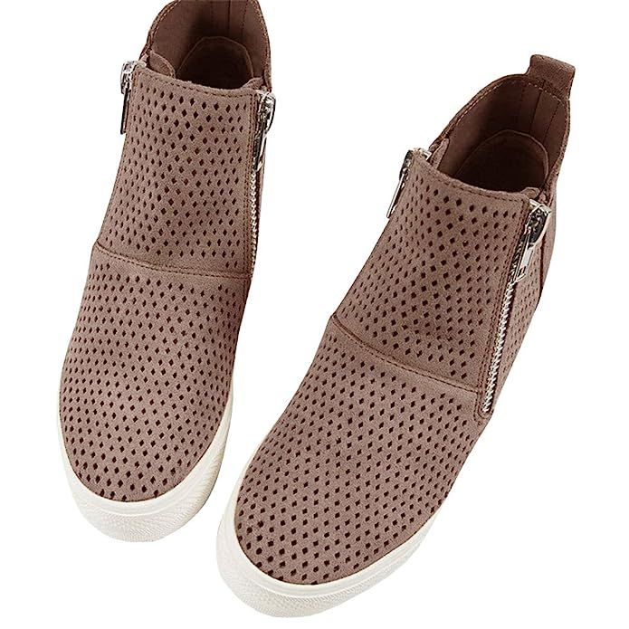 Womens Wedgie Sneakers Platform Hollow Out High Top Mid Heel Side Zip Wedge Booties | Amazon (US)