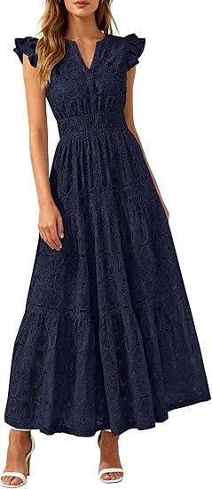PRETTYGARDEN Womens Boho Maxi Dresses Summer Floral Lace Eyelet V Neck Spring Wedding Guest Dress... | Walmart (US)