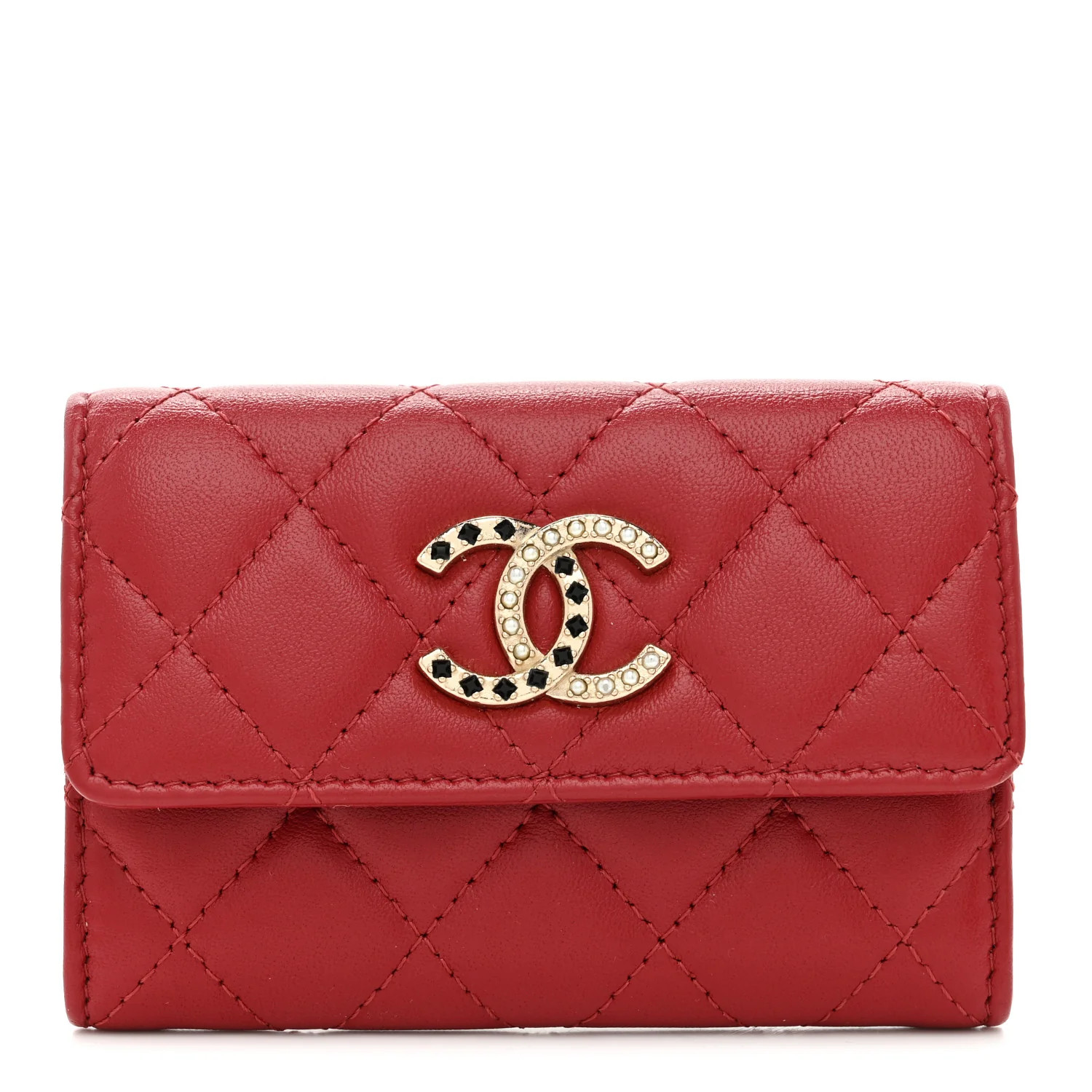 Lambskin Pearl Enamel Quilted Flap Card Holder Red | FASHIONPHILE (US)