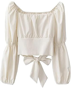 Women Simple Cropped Pleated Slim Sexy Puff Sleeve Blouses Vintage All-Match Bandage Bow Square C... | Amazon (US)