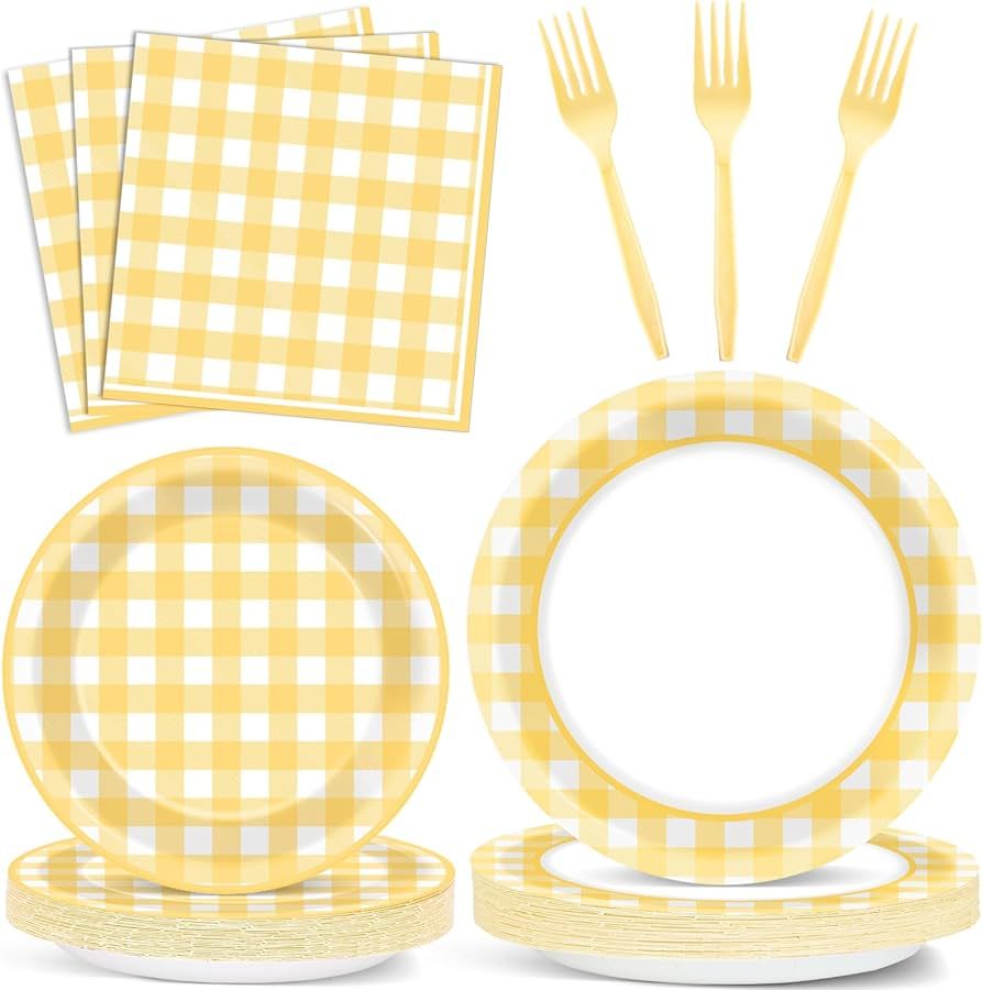 96Pcs Yellow Gingham Party Supplies Yellow Plaid Bachelorette Paper Plates and Napkins Yellow and... | Amazon (US)