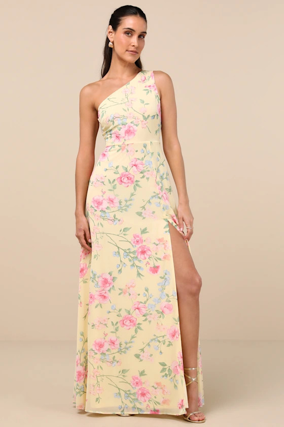 Elegant Admiration Pale Yellow Floral One-Shoulder Maxi Dress | Lulus