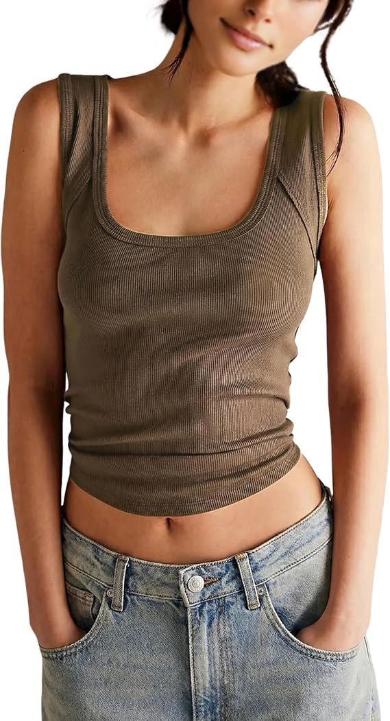 Springrain Women's Sleeveless Scoop Neck Ribbed Tank Tops Lightweight Fitted Cami Tee Shirts | Amazon (US)
