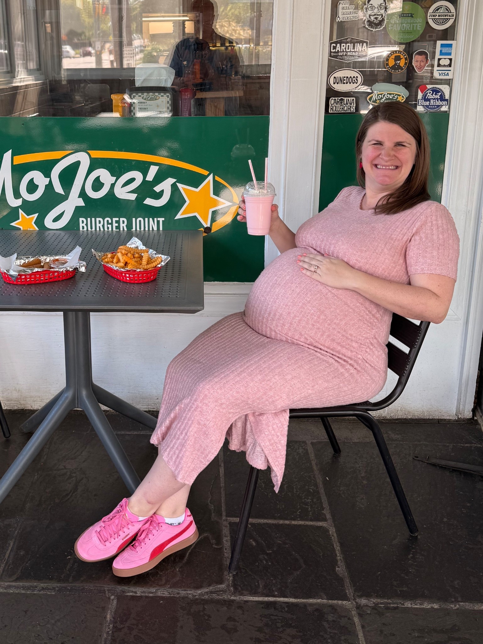 Maternity Dress & the best everyday sneakers! Pink and red! 

Wearing true to size in both!

#LTKBump #LTKFindsUnder100 #LTKPetite