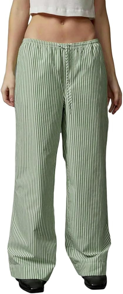 Womens Striped Pants 2024 Trendy Drawstring Low Rise Pants Loose Fit Straight Leg Y2k Trousers wi... | Amazon (US)