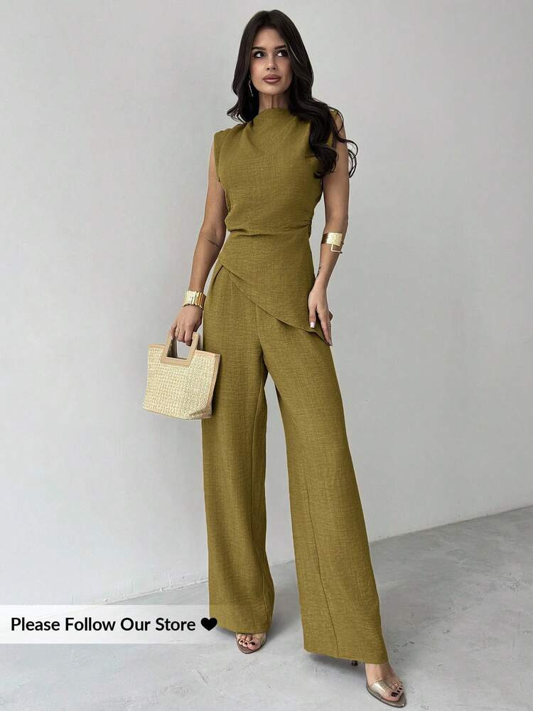 Firerie Khaki Minimalist Elegant Casual Commute Office Outfit: Sleeveless Asymmetric Ruched Waist Women's Blouse + Regular Ruched Wide Leg Women's Pants, Linen Commute Suit, Beach Outfits For Women, Airport Outfit, Vacation Outfits, Teacher Outfit | SHEIN