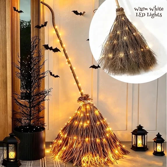 Light Up Witch Broom Halloween Decoration 5.5 Ft With Warm White LED Lights Vine Wrapped Handle F... | Walmart (US)
