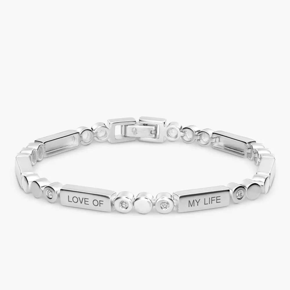 Engraved Mixed Dots Rectangle Bracelet with Diamonds- Silver | Oak & Luna (US)