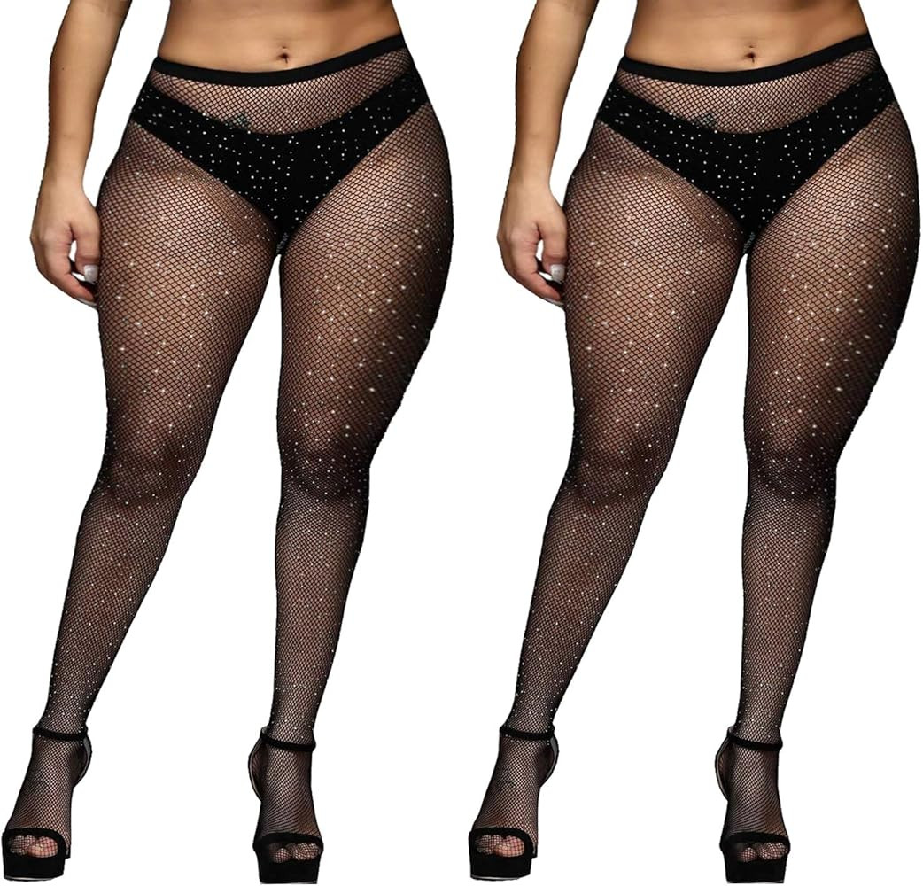 DancMolly Fishnet Stockings Pantyhose Women's 2 Pair High Waist Hollow Mesh Tights Legging Hosiery | Amazon (US)