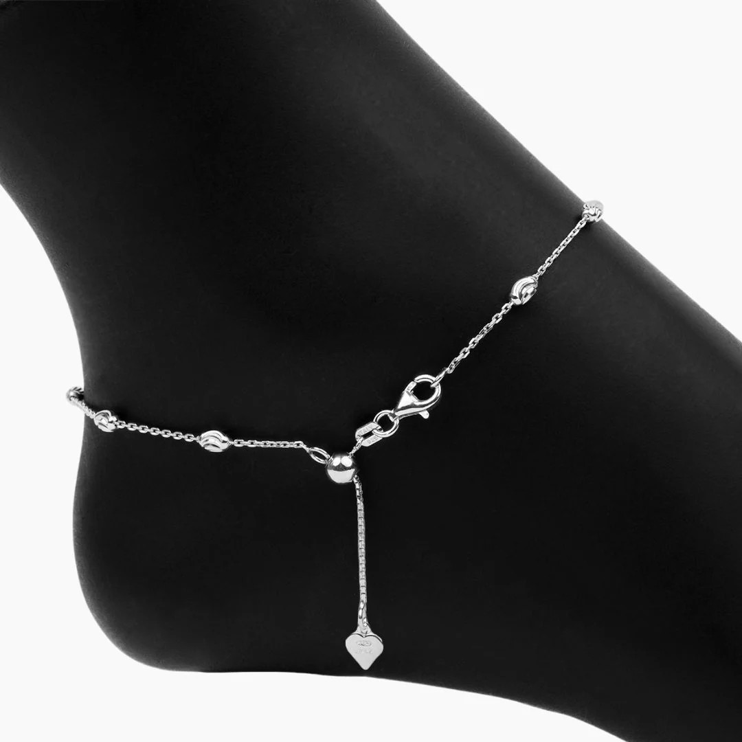 Adjustable Moon Cut Stazione Bead Anklet (Silver) | Roma Designer Jewelry