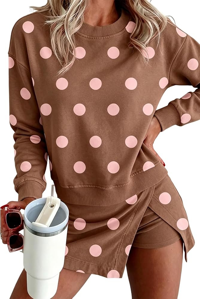 EsheSy Womens Polka Dot Two Piece Outfits Crew Neck Long Sleeve Sweatshirt Top Loose Wrap Front S... | Amazon (US)