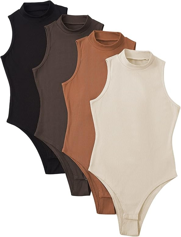 MakeMeChic Women's Plus Size 4pcs Mock Neck Sleeveless Ribbed Knit Bodysuit Pack | Amazon (US)