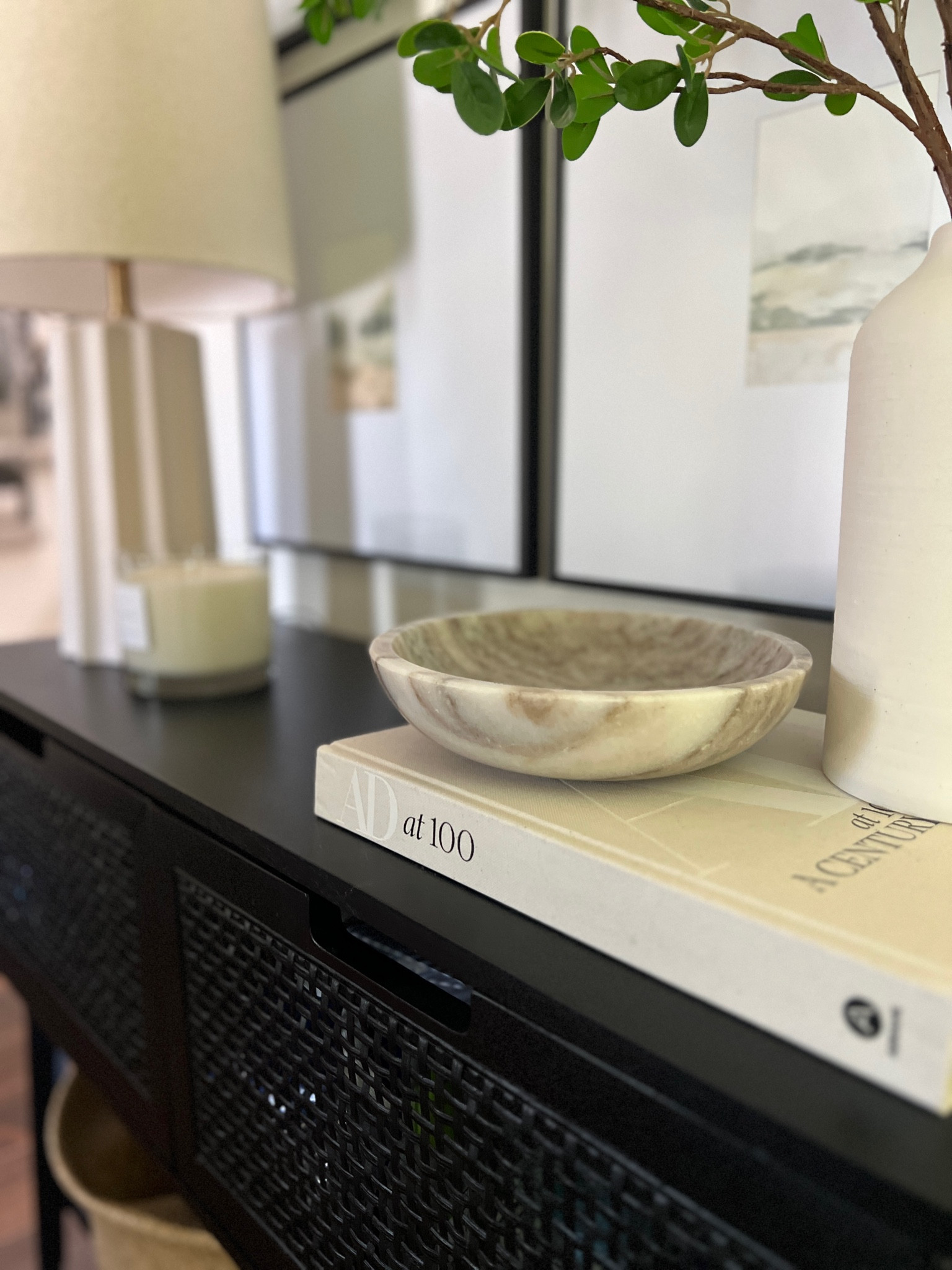 Entry table - decorate like a designer BUT on a budget! Amazon baskets, Amazon faux stems, Walmart frames, Etsy prints, Target lamp, Target vase, Target marble bowl

#LTKFindsUnder100 #LTKxWalmart #LTKHome