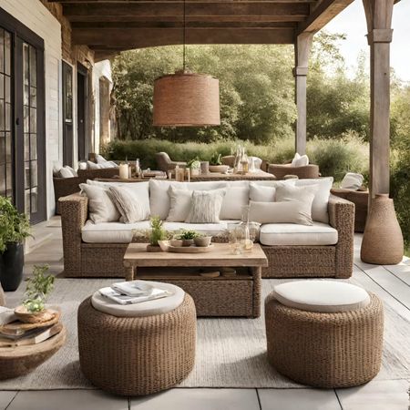 These cozy and inviting wicker and wood patios have a vintage feel and lots of texture and warmth. These are perfect for outdoor entertaining with ample seating and dining areas. Add some organic decor pieces and cozy throw pillows to complete the space.

#LTKhome