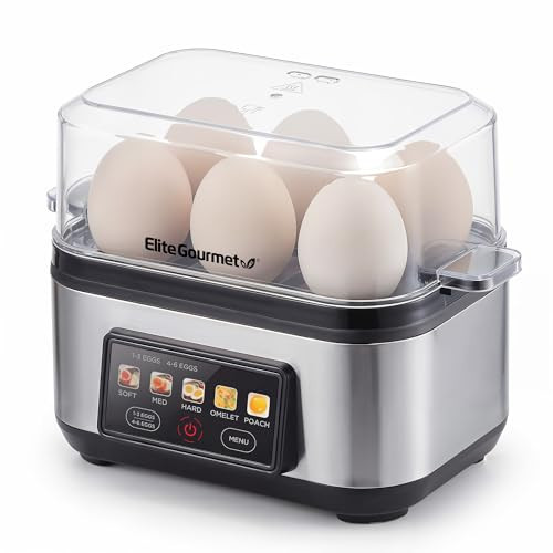 Elite Gourmet Digital Egg Cooker, 6 Egg Capacity, Soft/Medium/Hard Boiled, Poach & Omelet, One-Touch Graphic Display, Auto Shut-Off, Stainless Steel Heating Plate & Housing | Amazon (US)