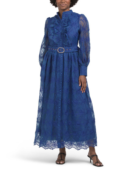 Long Sleeve Mock Neck Lace Dress With Belt | TJ Maxx