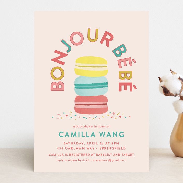 "Bonjour Macarons" - Customizable Baby Shower Invitations in Beige by Olivia Raufman. | Minted
