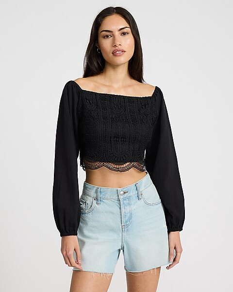 Smocked Crochet Long Sleeve Crop Top | Express