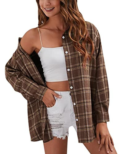 HangNiFang Brown Plaid Shirts for Women Button Down Oversized Flannel Shirts(0368-Brown-S) | Amazon (US)