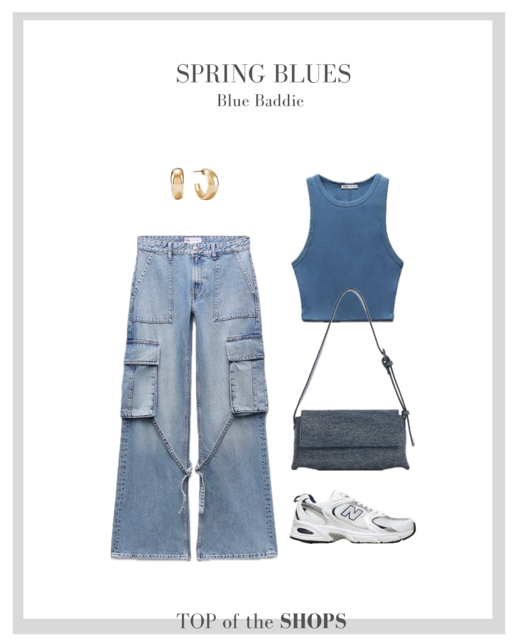Spring Style, Spring Outfit Inspiration, H&M, Wardrobe Staple, Brunch Outfits, Denim Cargos, Blue Tank Top, Denim Bag, New Balance trainers, Stradivarius 

#LTKeurope #LTKSeasonal #LTKstyletip
