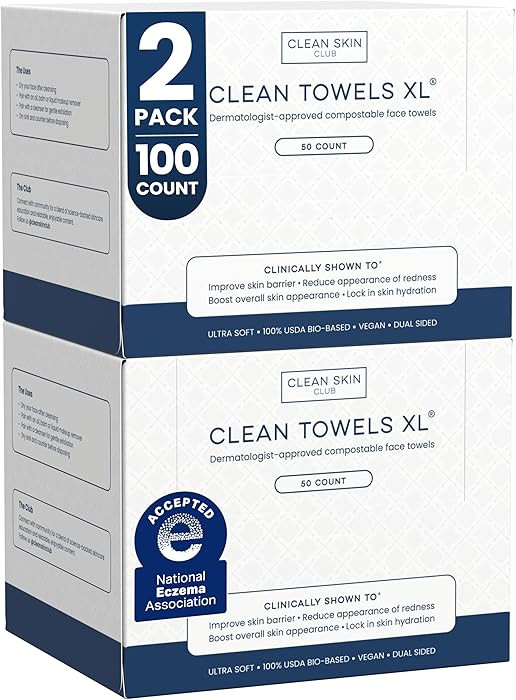 Clean Skin Club Clean Towels XL®, 100% USDA Biobased Face Towel, Disposable Face Towelette, Ecze... | Amazon (US)