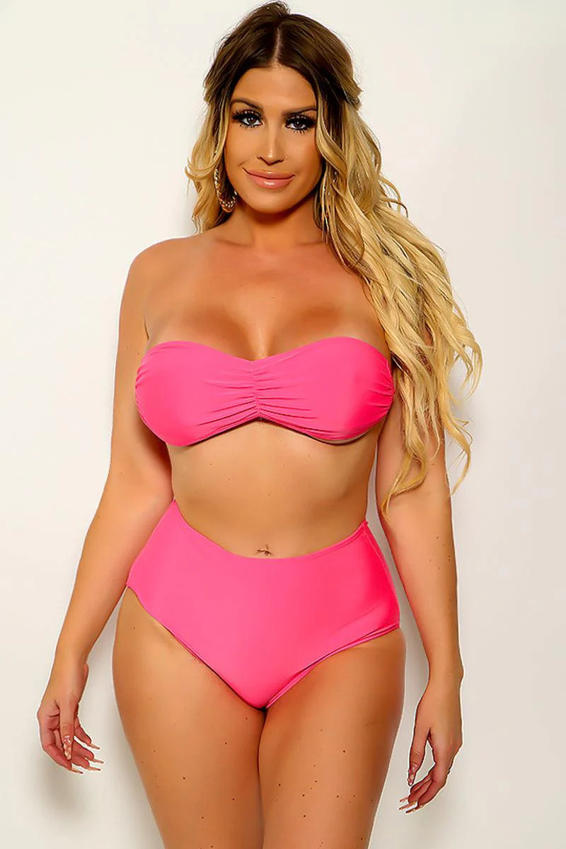 Hot Pink Strapless High Waist 2 Pc Sexy Swimsuit | Ami Club Wear