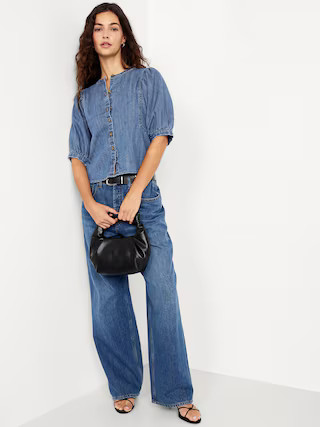 Puff-Sleeve Button-Down Cropped Denim Shirt | Old Navy (US)