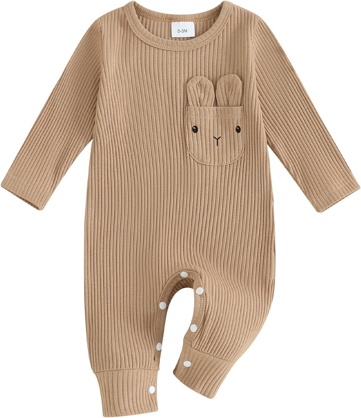Amiblvowa Newborn Baby Boy Easter Outfit Knit Ribbed Bunny Rabbit Skin Ear Pocket Romper Jumpsuit... | Amazon (US)