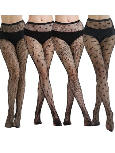 SOUTHRO 4 Pairs Black Patterned Printed Tights Fishnets Net Stockings Pantyhose with Goth Pattern Designer Tights for Women | Amazon (US)
