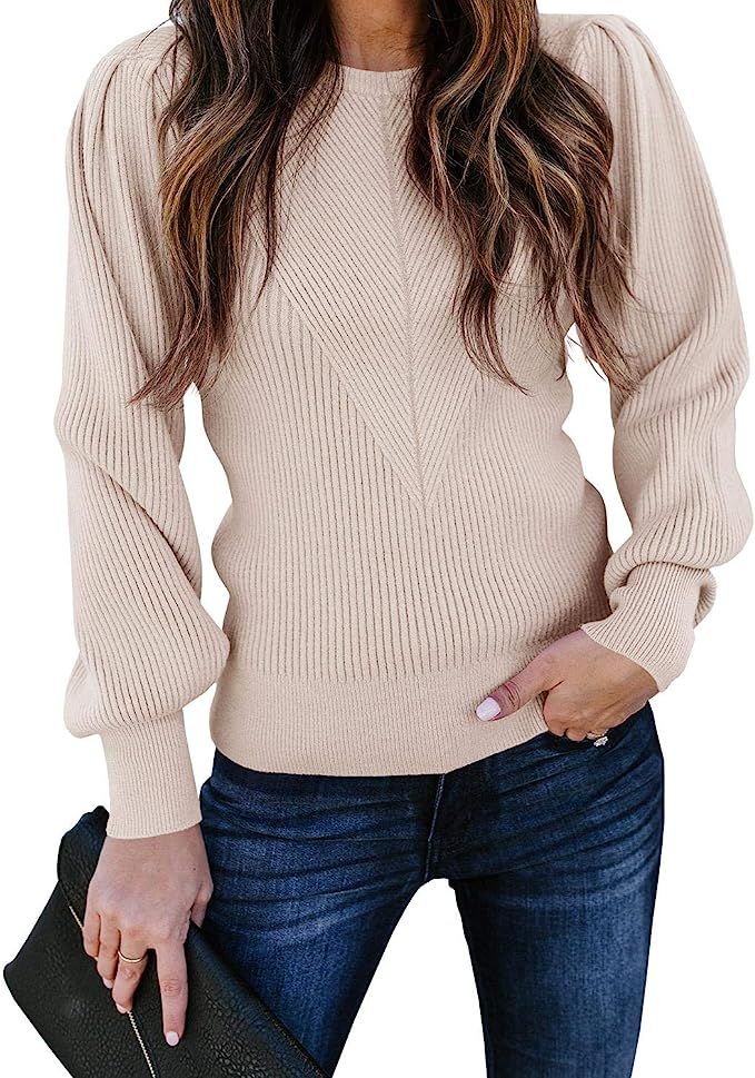 Huiyuzhi Womens Puff Sleeve Pullover Sweaters Crew Neck Soft Slim Fit Solid Color Knitted Jumper | Amazon (US)