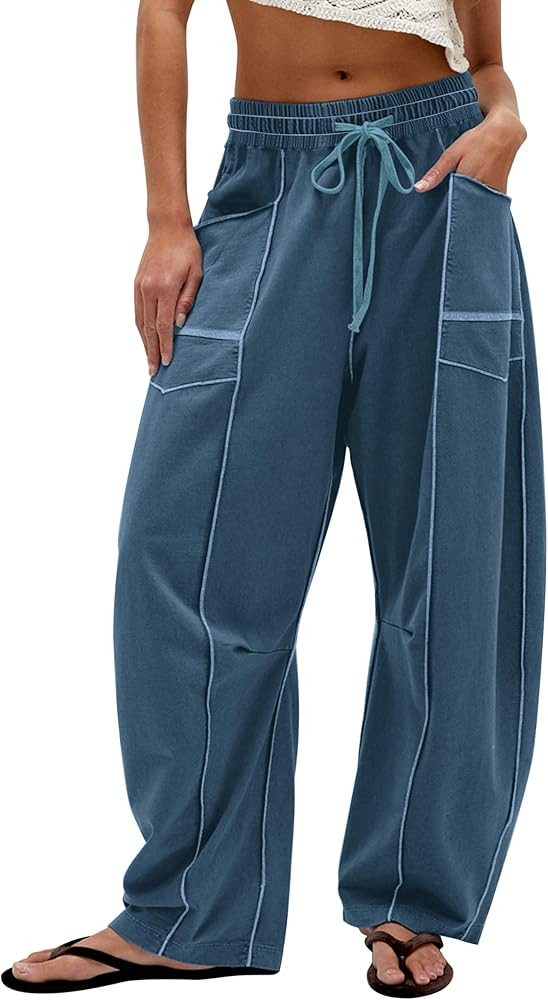 Wide Leg Barrel Sweatpants for Women Baggy Palazzo Pants Drawstring High Waist Color Block Lounge... | Amazon (US)