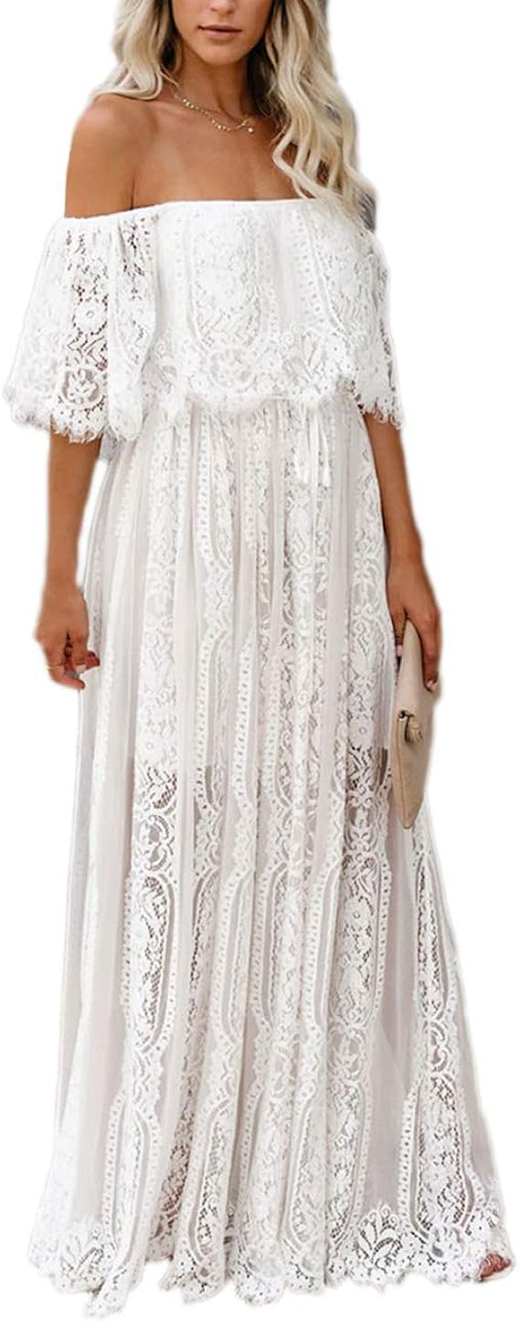 Ecosunny Women's Deep V Neck Short Sleeve Floral Lace Bridesmaid Maxi Dress Party Gown | Amazon (US)