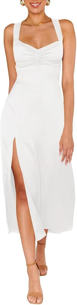 Summer Satin Bridesmaid Dresses for Women Formal Maxi Dress with Slit | Amazon (US)