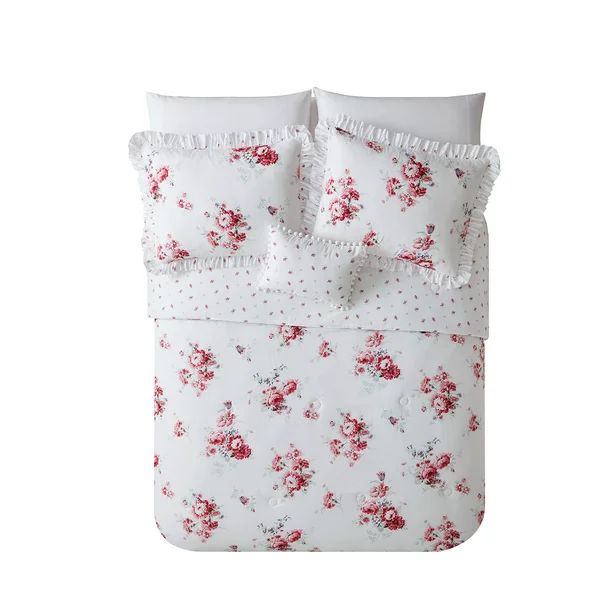 Simply Shabby Chic Sunbleached Floral 4-Piece Washed Microfiber Comforter Set, Full/Queen | Walmart (US)